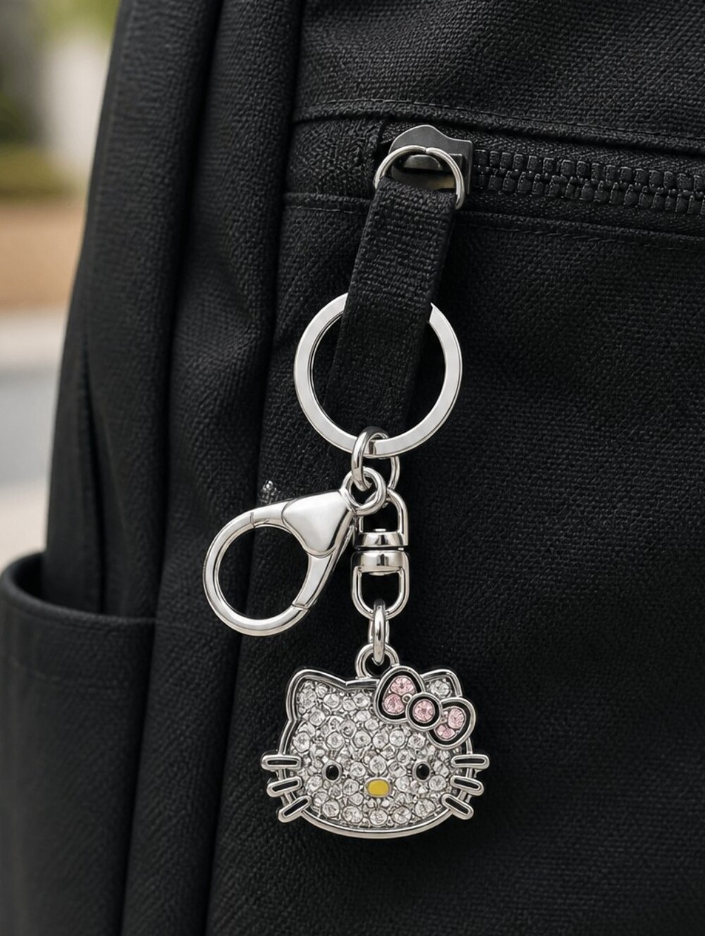Hello Kitty Rhinestone Keychain Pink Bow Cat Face Charm Fandom Novelty Key Ring